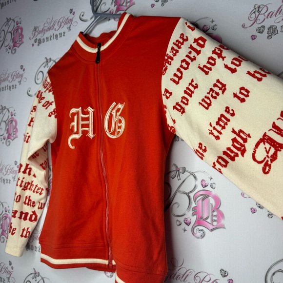 Her grace sweater zip up orange cream tattoo style writing on arms cute stretch - Picture 5 of 6